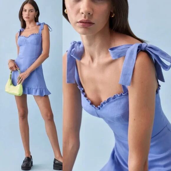 REFORMATION Desiree Linen Mini Dress Ruffle Sweetheart Bustier Tie Strap Blue - Picture 4 of 15